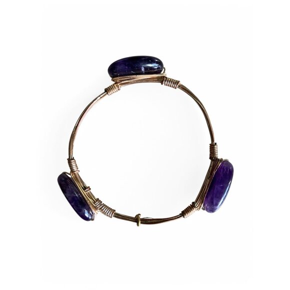 Purple Amethyst Stone & Gold Tone Wire Wrapped Bangle Bracelet For Women Gift - Picture 4 of 5